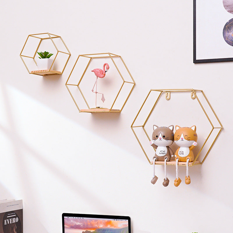 Hexagon Metal Wall Shelf – Modern Wrought-Iron Floating Display Rack